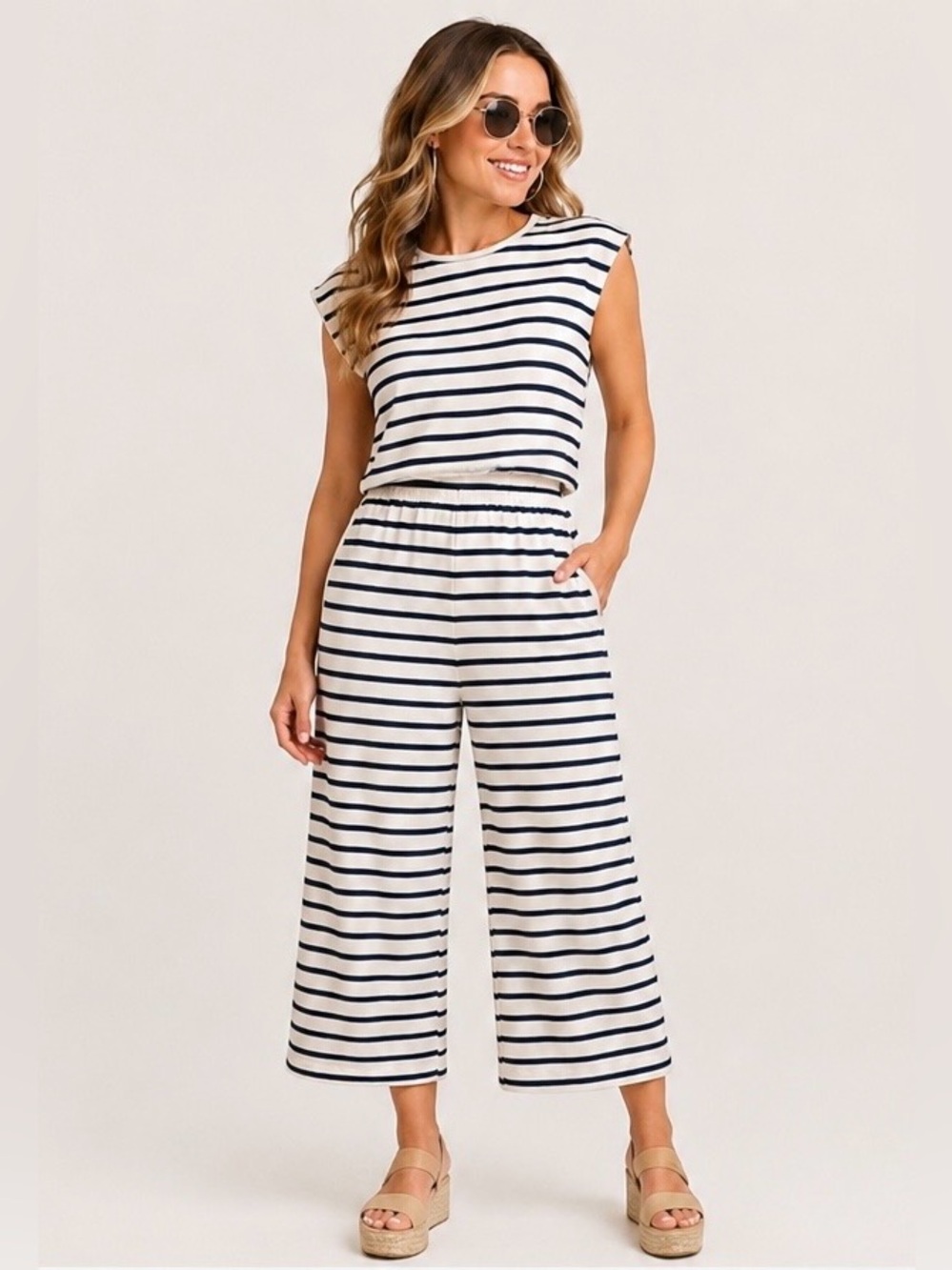 FD by Fred David Striped Wide Leg Jumpsuit Navy White Tie Back Women’s Size Lrg